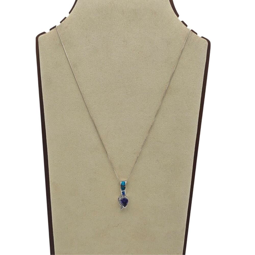 Sterling Silver 925 Inlay Fire Blue Opal Amethyst Necklace Pendant Chain - Picture 3 of 8